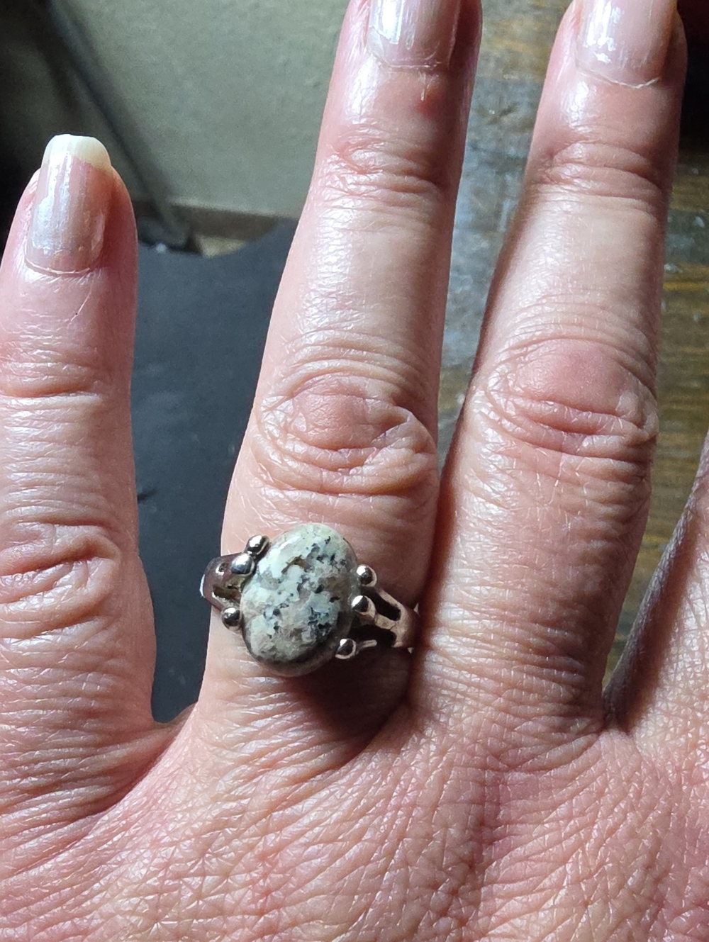Sterling Silver White and Black Speckled Stone Ring